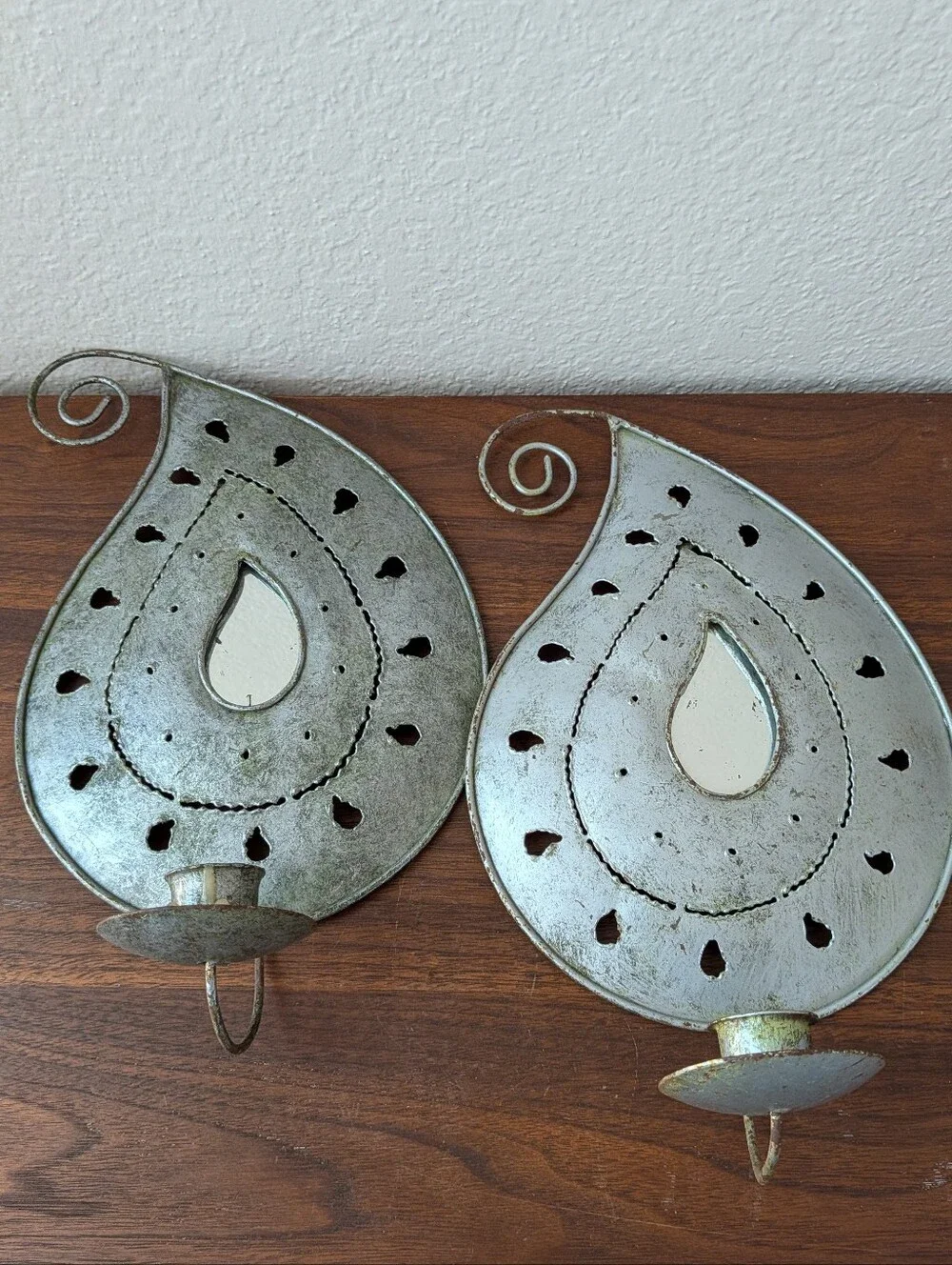 Set Of 2 Metal Paisley Boho Wall Decor Mirror Taper Candle Holders